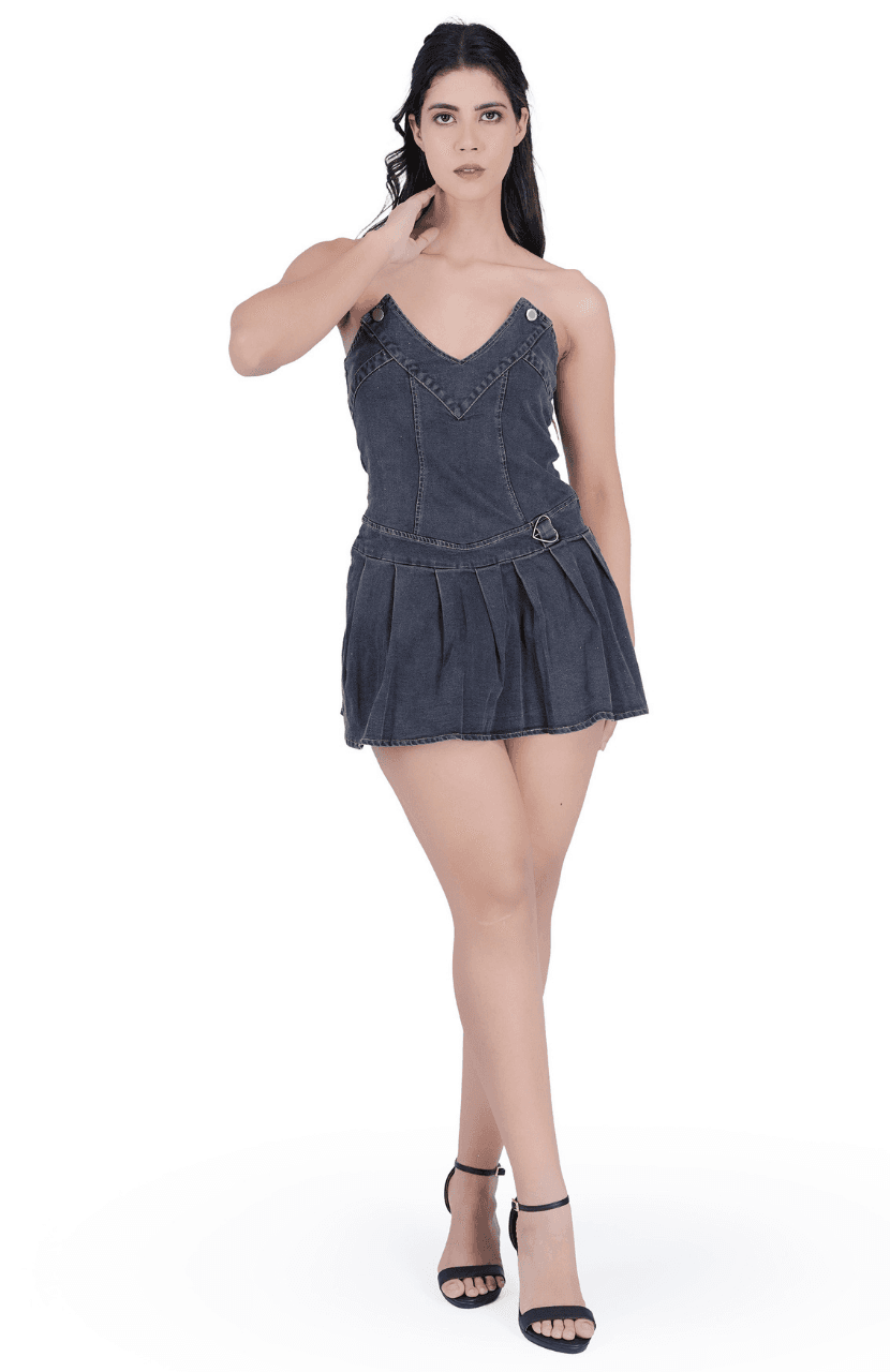 Sexy V-Neck Pleated Denim Dress for Women - Thumbnail 1