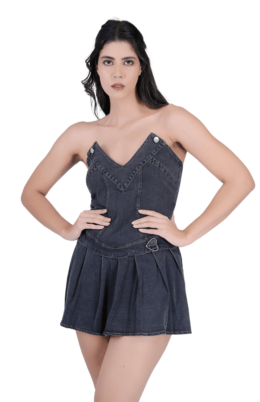Sexy V-Neck Pleated Denim Dress for Women - Thumbnail 3