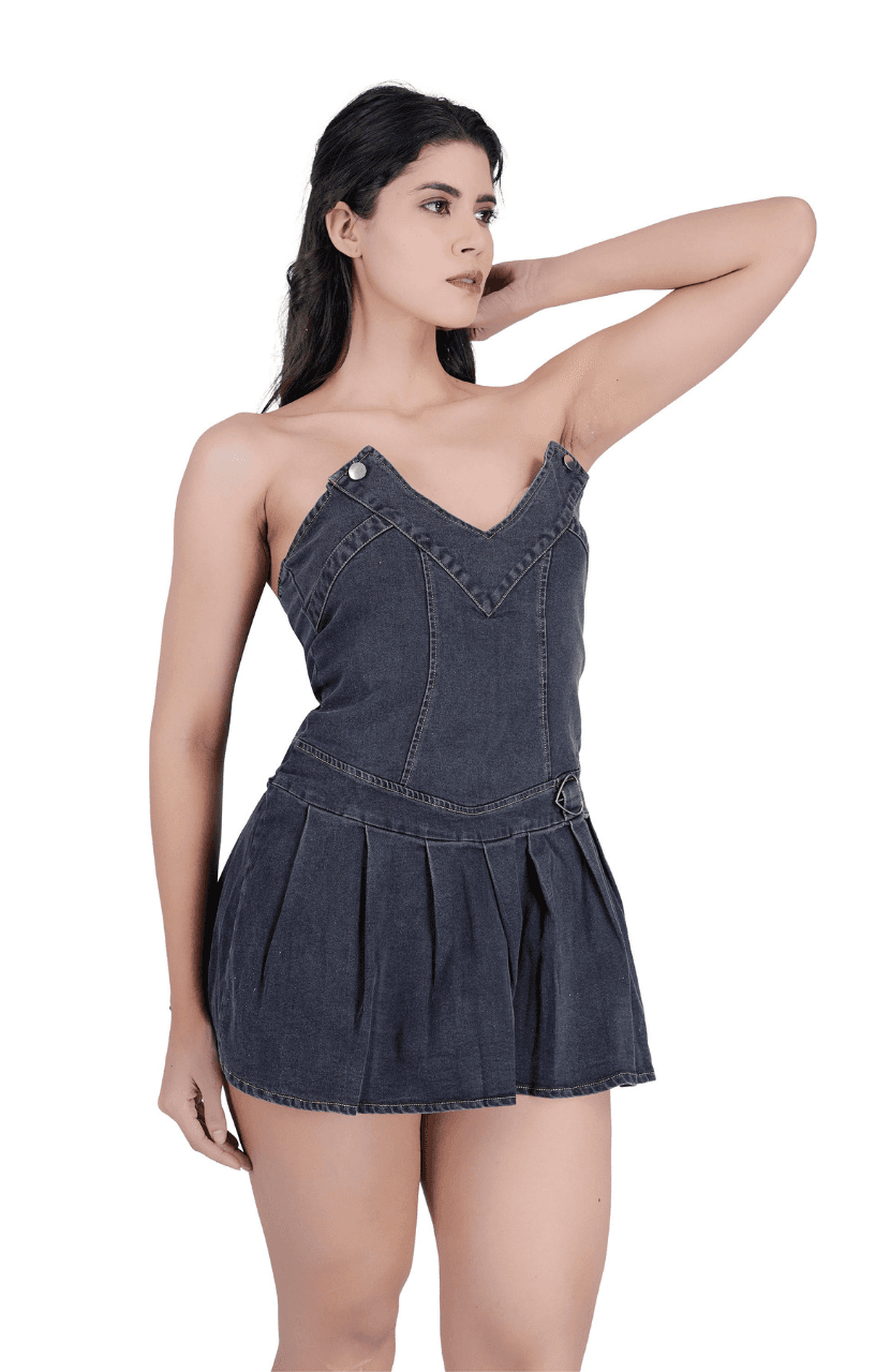 Sexy V-Neck Pleated Denim Dress for Women - Thumbnail 4