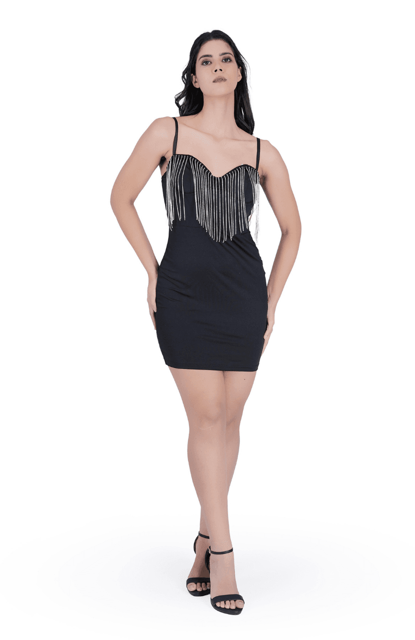 Women’s Low Cut Tassel Backless Steel Ring Fishbone Black Dress - Thumbnail 1