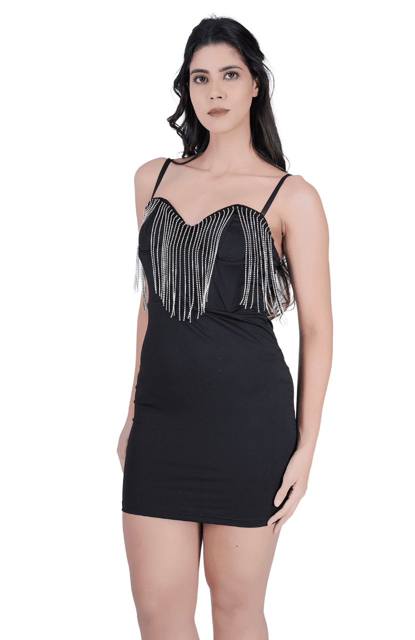Women’s Low Cut Tassel Backless Steel Ring Fishbone Black Dress - Thumbnail 2