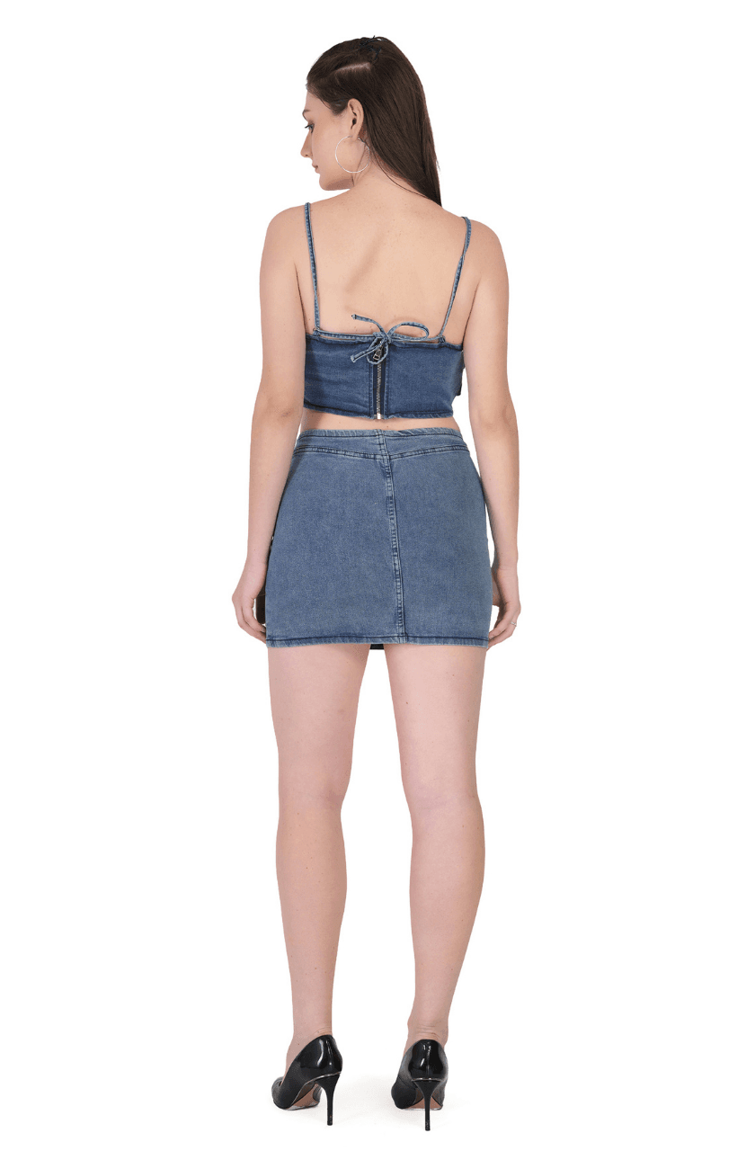 Sexy tube Top and mini belted two piece denim Jeans skirt Set - Thumbnail 4