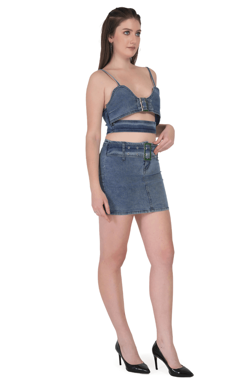 Sexy tube Top and mini belted two piece denim Jeans skirt Set - Thumbnail 3