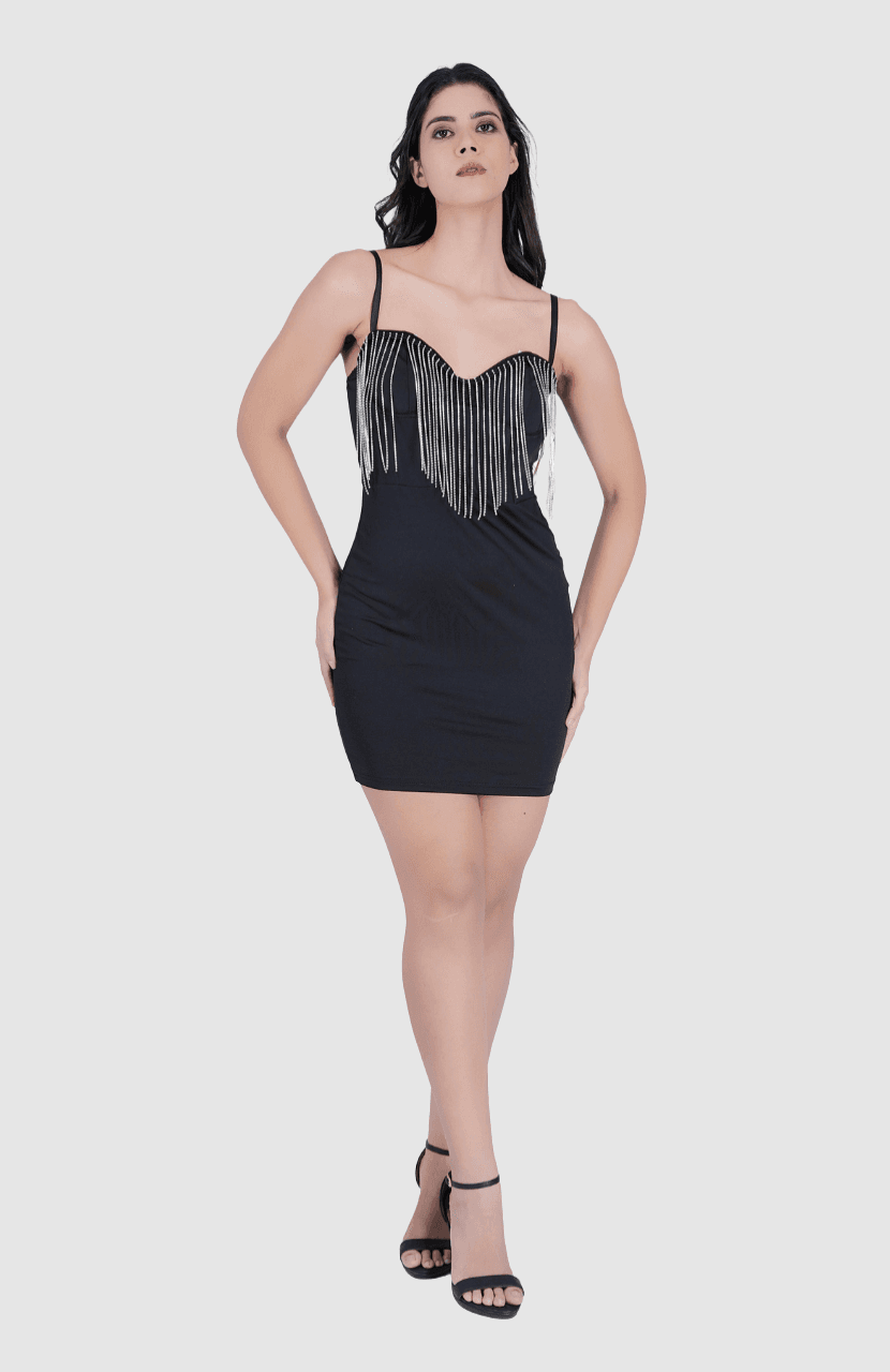 Women’s Low Cut Tassel Backless Steel Ring Fishbone Black Dress