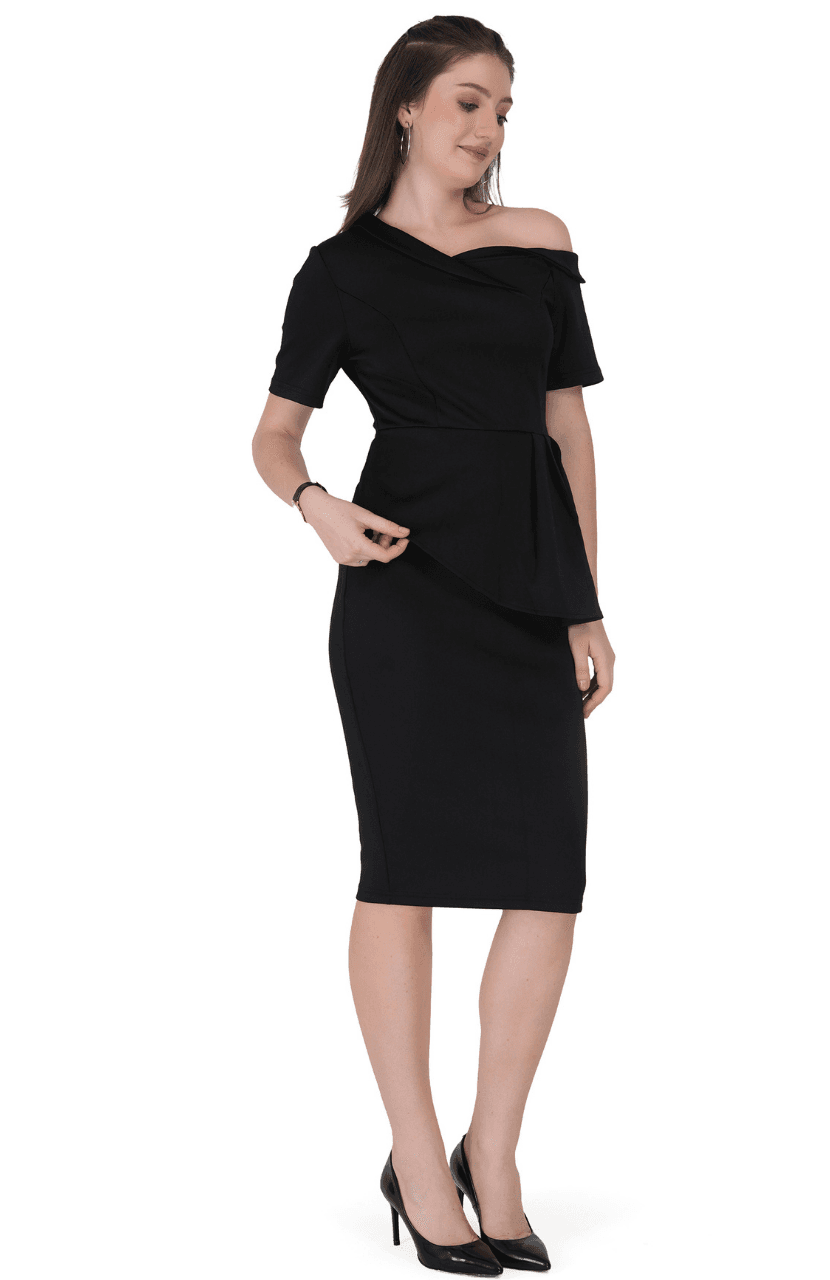 Women Formal Short Sleeve one Shoulder Dress - Thumbnail 3
