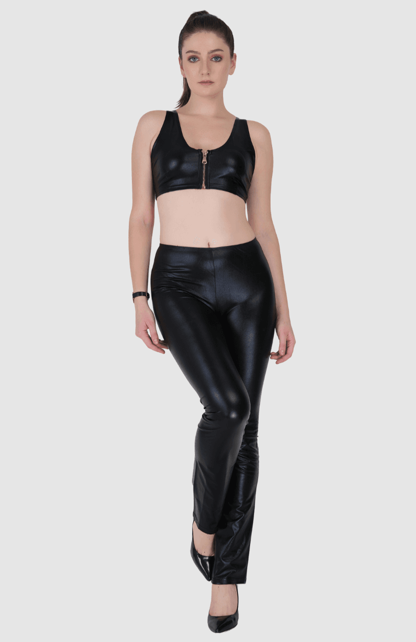 PU Leather Top Casual Pants Set with Zipper