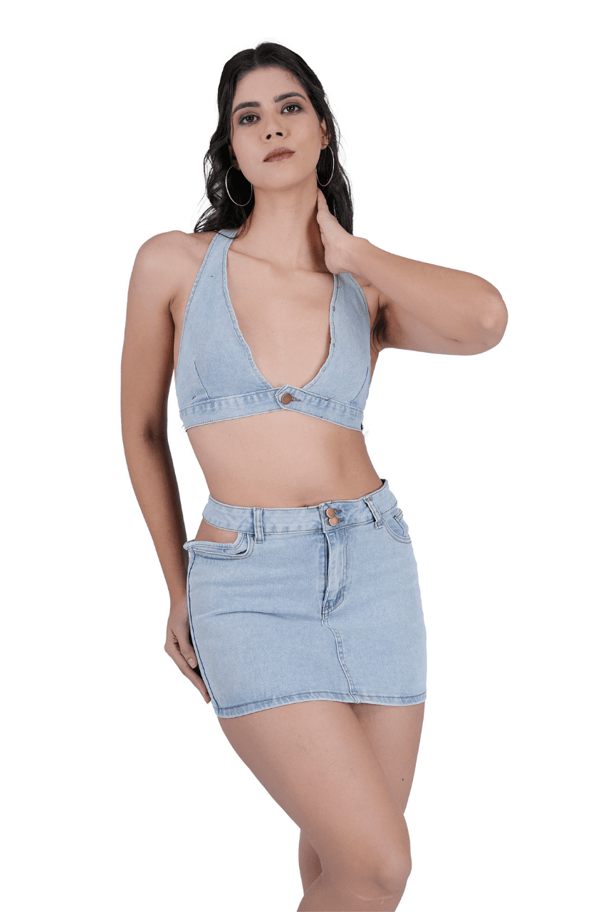 Women Washed Denim Casual Sexy Summer Stretch Plus Size Short Skirt Set - Thumbnail 2