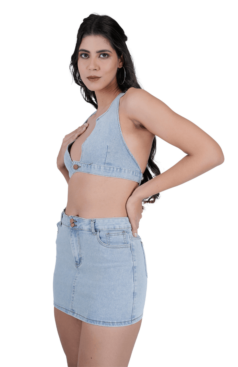 Women Washed Denim Casual Sexy Summer Stretch Plus Size Short Skirt Set - Thumbnail 3