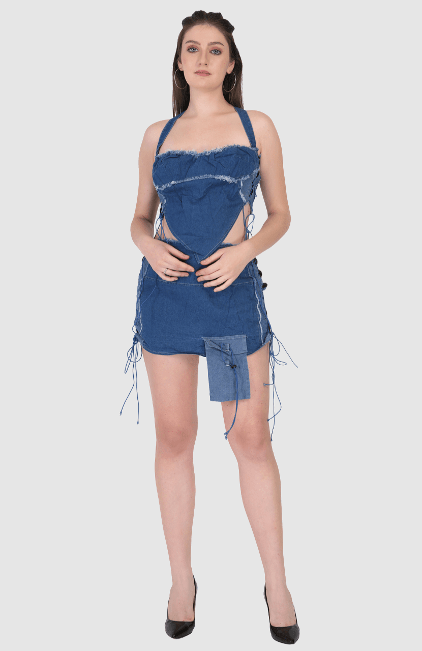 Women two Piece Denim Strapless Crop top mini Skirt Set