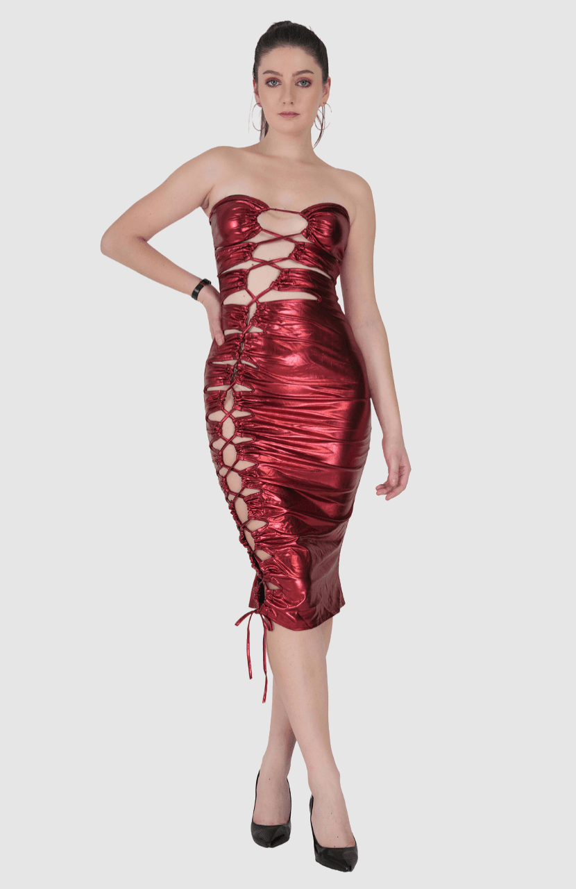 Women Pu Faux Hollow Out Sleeveless Elegant Party Dress