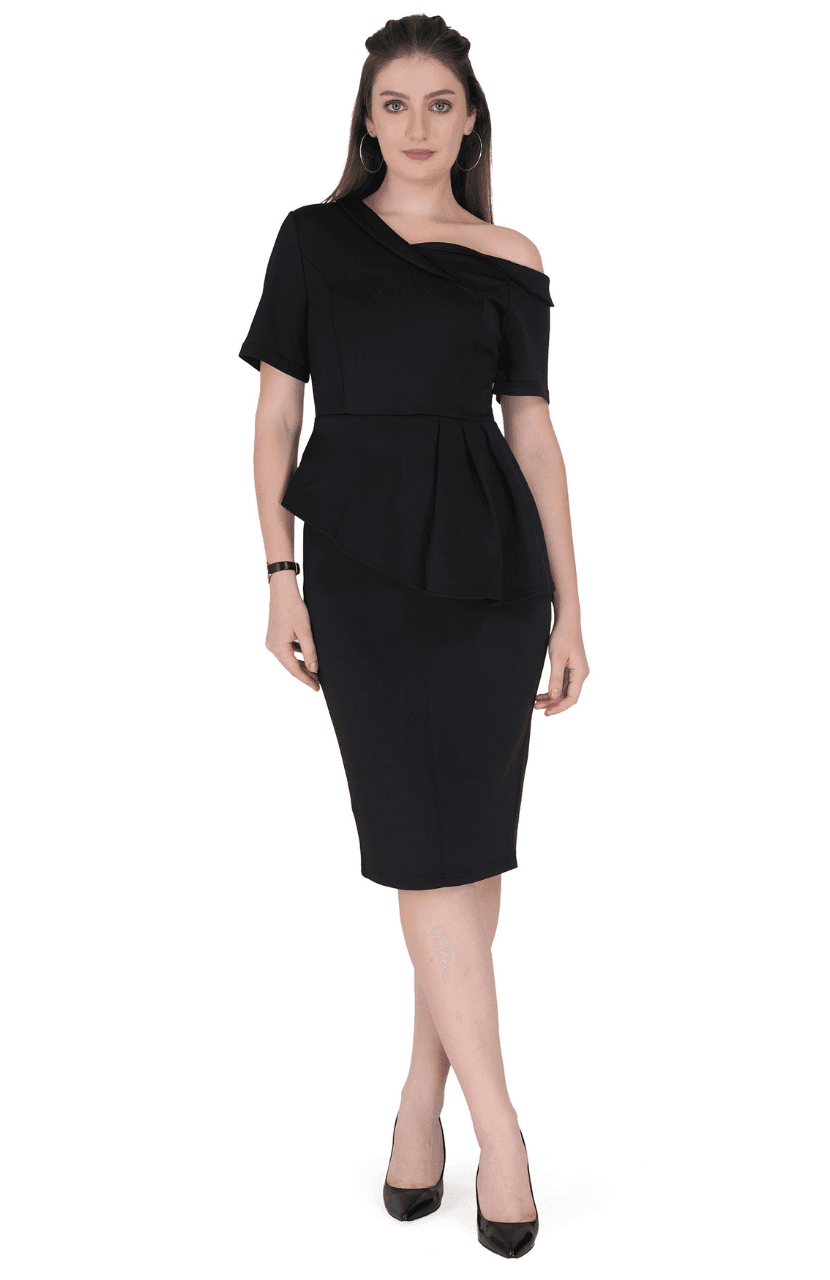 Women Formal Short Sleeve one Shoulder Dress - Thumbnail 2