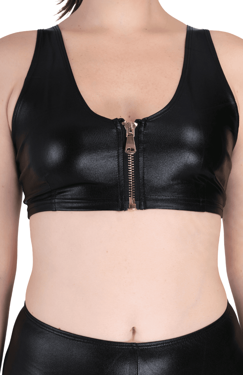 PU Leather Top Casual Pants Set with Zipper - Thumbnail 5