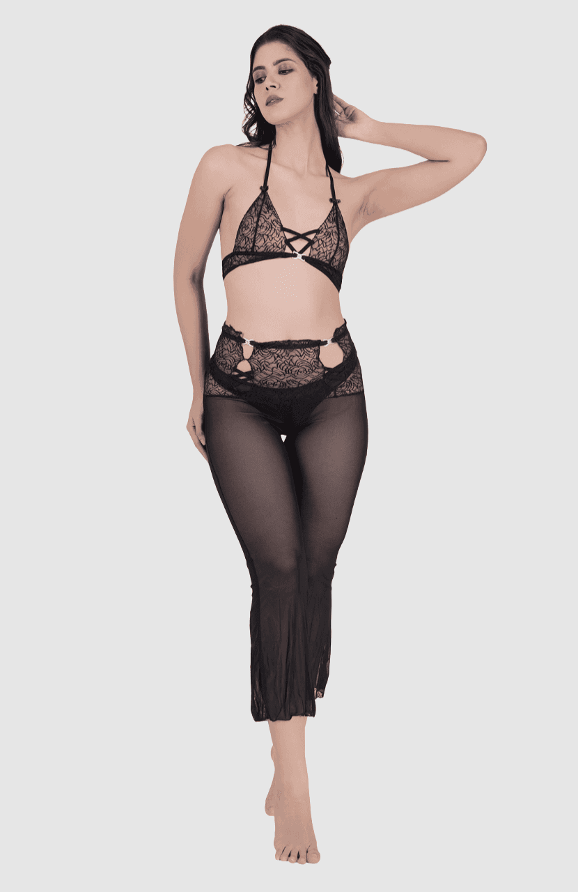 Two-Piece Set of Women's Sensual Black Garter Belt mesh lace Perspective Knickers