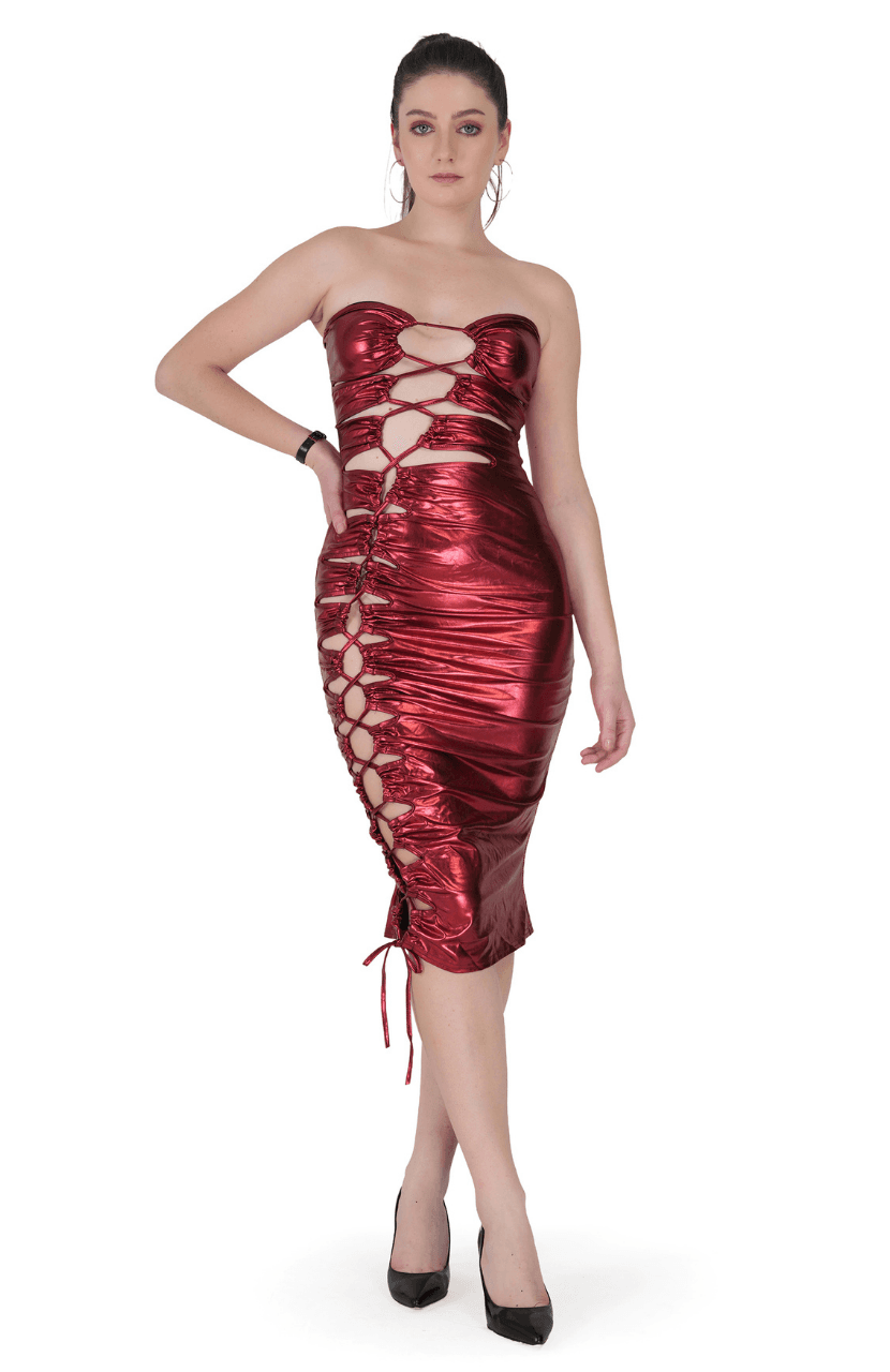 Women Pu Faux Hollow Out Sleeveless Elegant Party Dress - Thumbnail 1