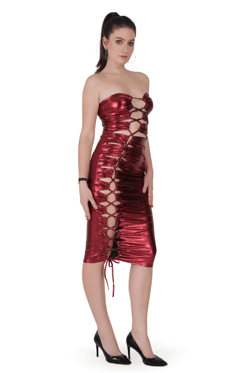 Women Pu Faux Hollow Out Sleeveless Elegant Party Dress - Thumbnail 3