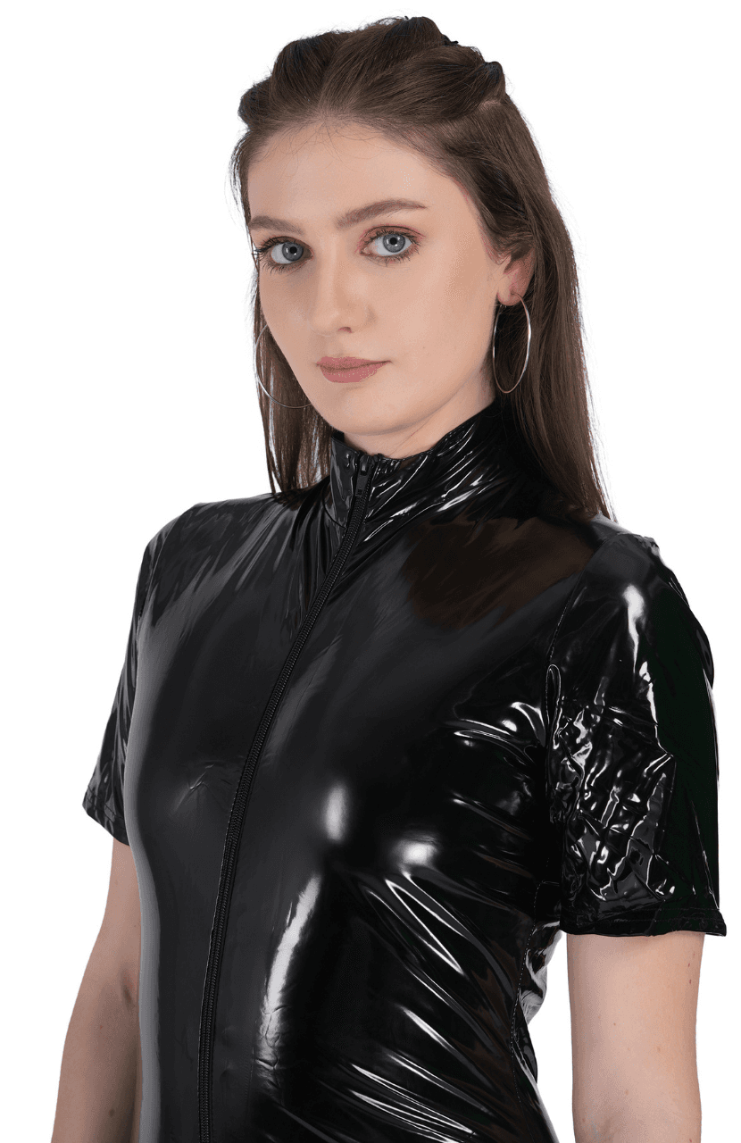 Women Faux Leather Front Zipper Open Croton Erotic Leather Jumpsuit - Thumbnail 10