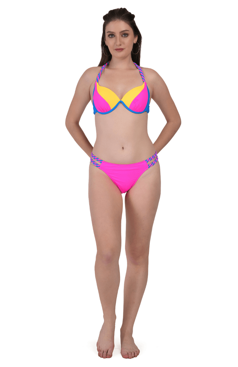 Women’s sexy twist braided rope halterneck swimsuit with color contrast thong bikini set - Thumbnail 3