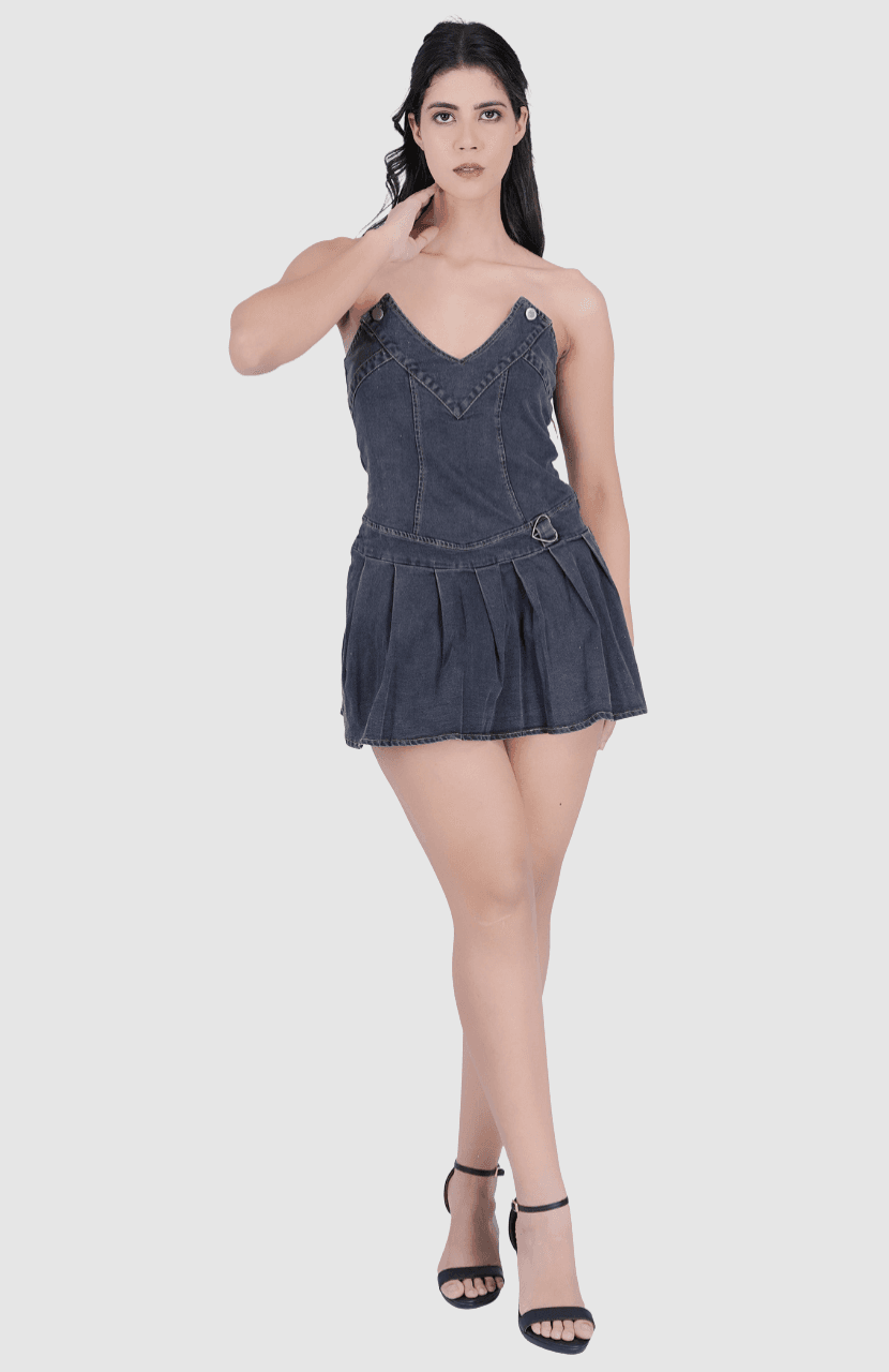 Sexy V-Neck Pleated Denim Dress for Women