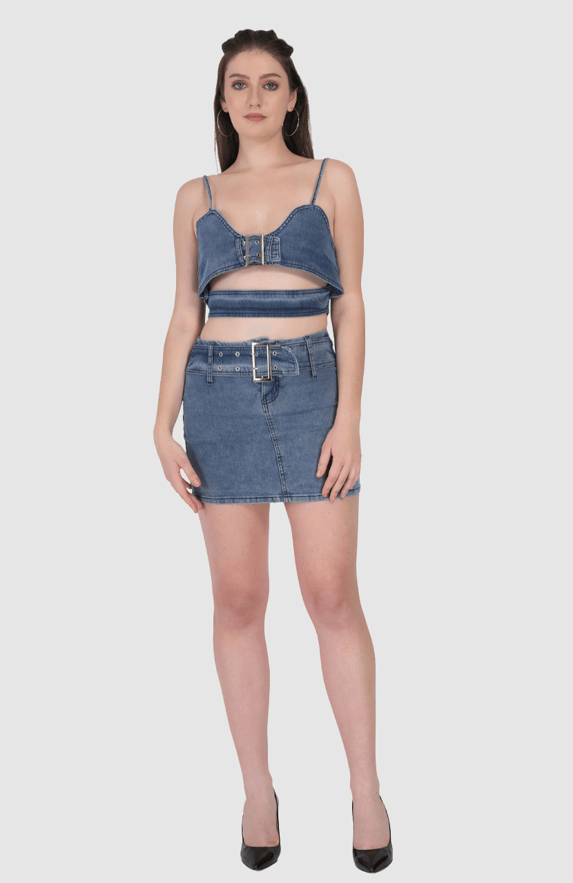 Sexy tube Top and mini belted two piece denim Jeans skirt Set