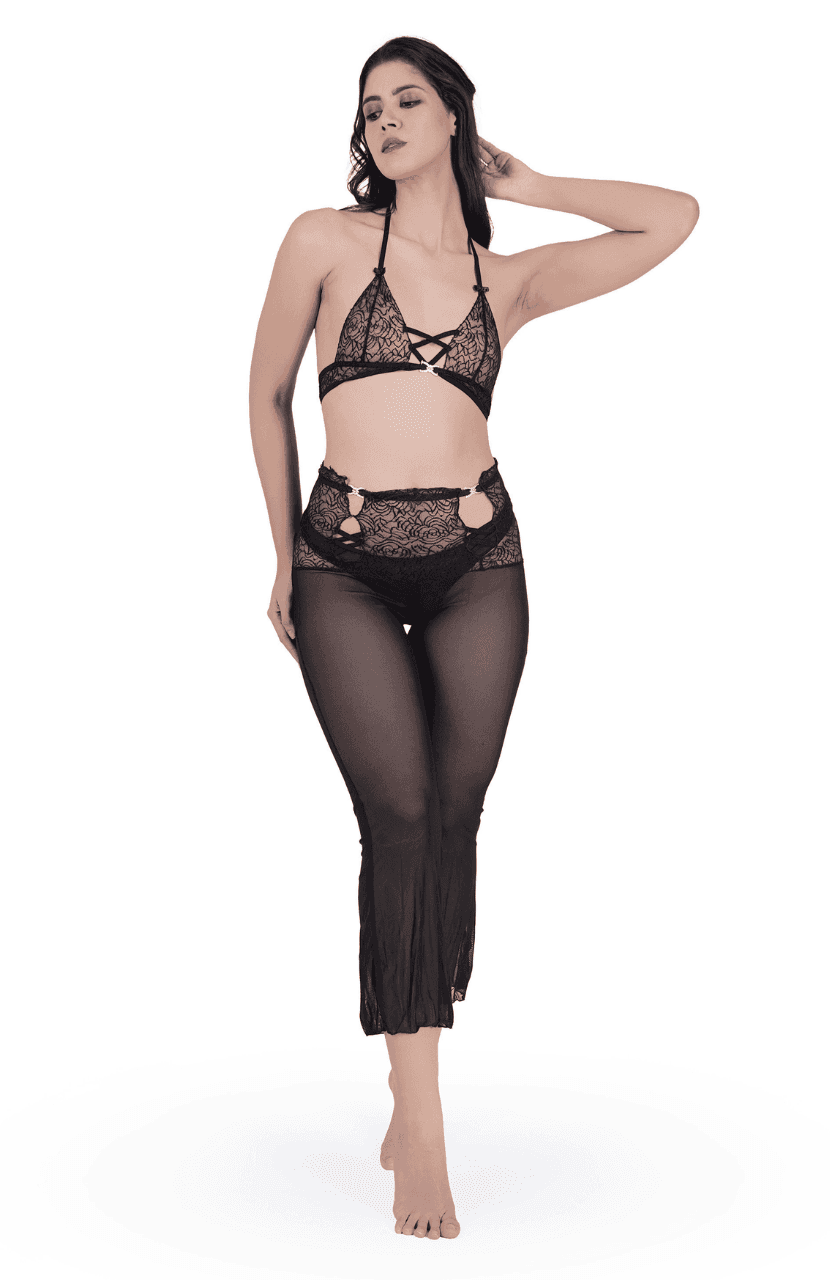 Two-Piece Set of Women's Sensual Black Garter Belt mesh lace Perspective Knickers - Thumbnail 1