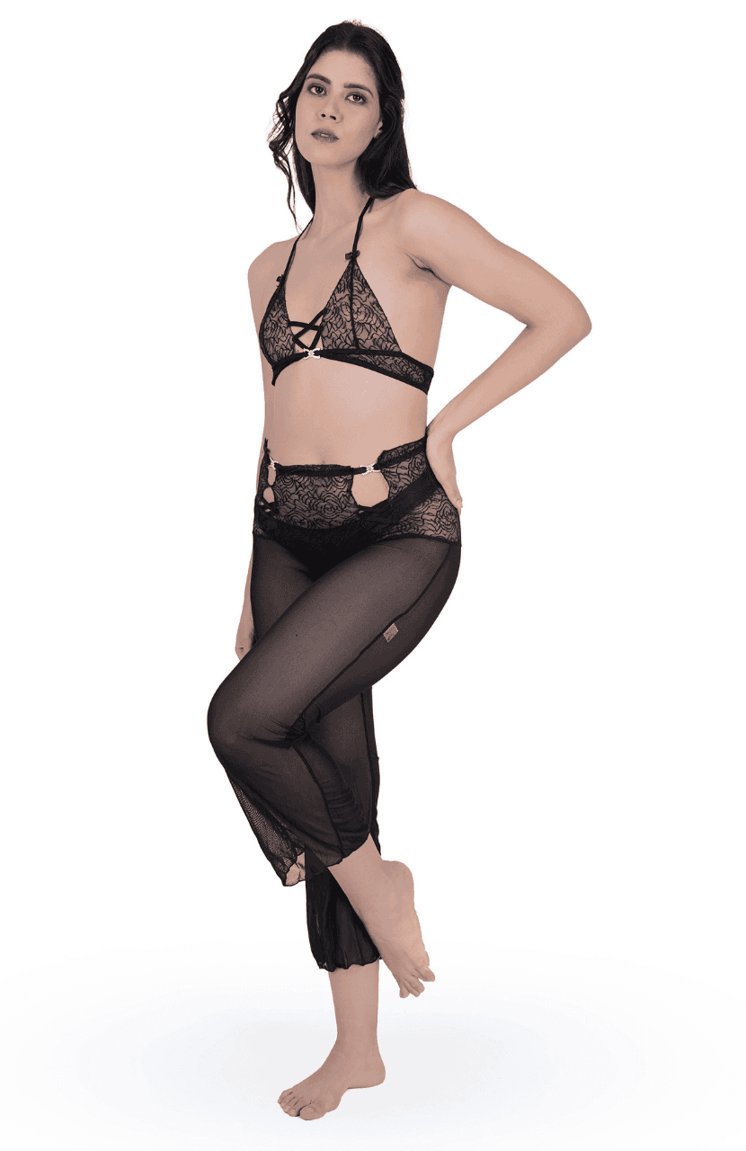 Two-Piece Set of Women's Sensual Black Garter Belt mesh lace Perspective Knickers - Thumbnail 3