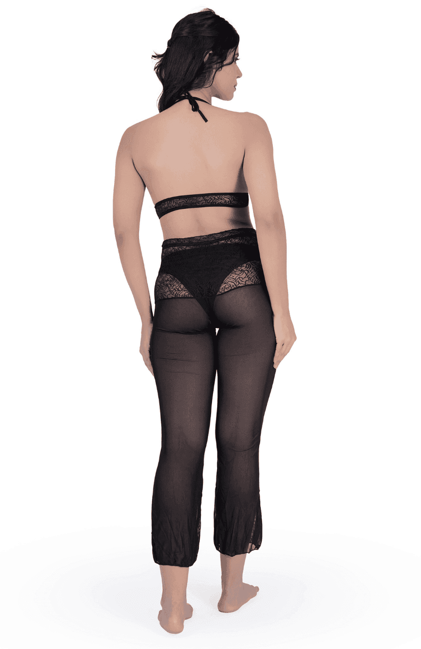 Two-Piece Set of Women's Sensual Black Garter Belt mesh lace Perspective Knickers - Thumbnail 4