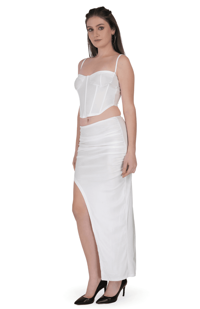 Solid Elegant high Waist Corset- Crop Top Slit Midi Skirt - Thumbnail 5