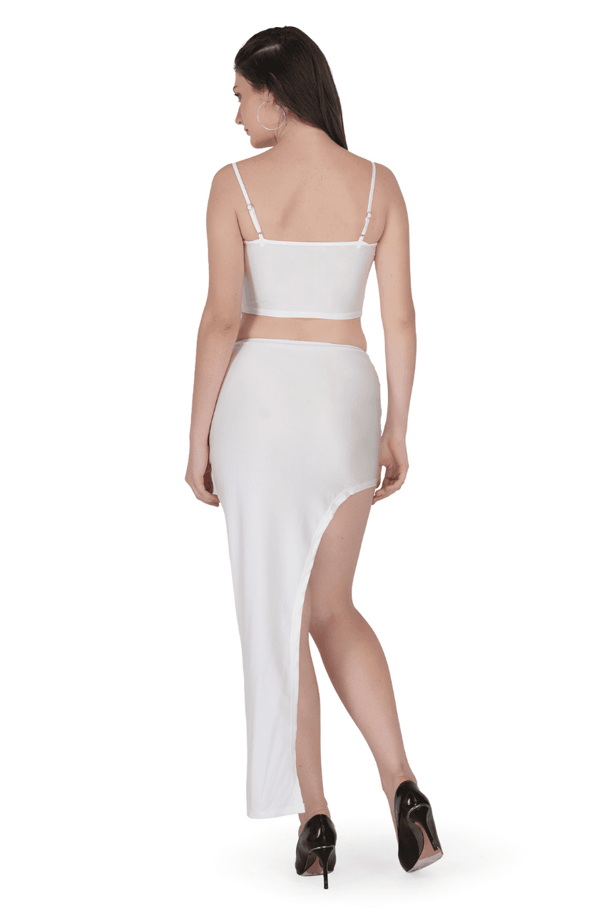 Solid Elegant high Waist Corset- Crop Top Slit Midi Skirt - Thumbnail 8