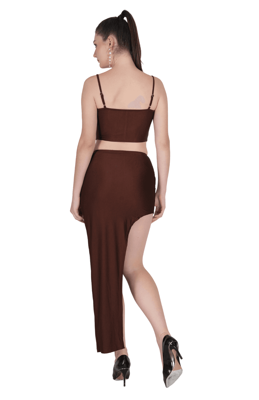 Solid Elegant high Waist Corset- Crop Top Slit Midi Skirt - Thumbnail 7