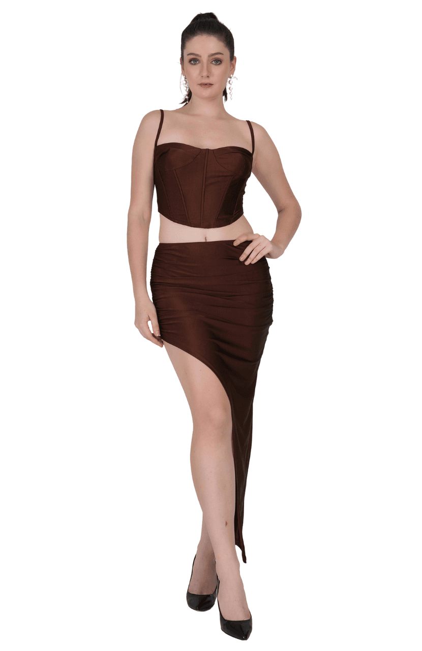 Solid Elegant high Waist Corset- Crop Top Slit Midi Skirt - Thumbnail 1