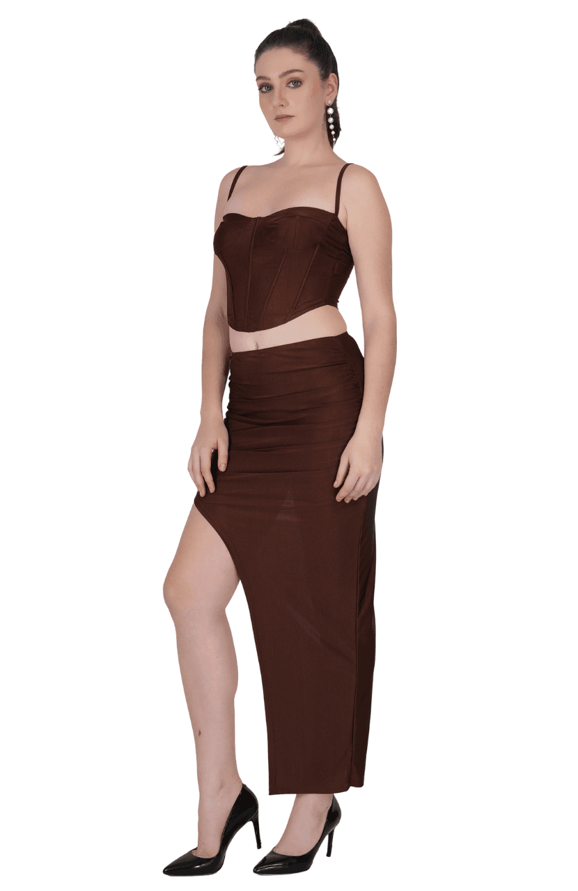 Solid Elegant high Waist Corset- Crop Top Slit Midi Skirt - Thumbnail 6