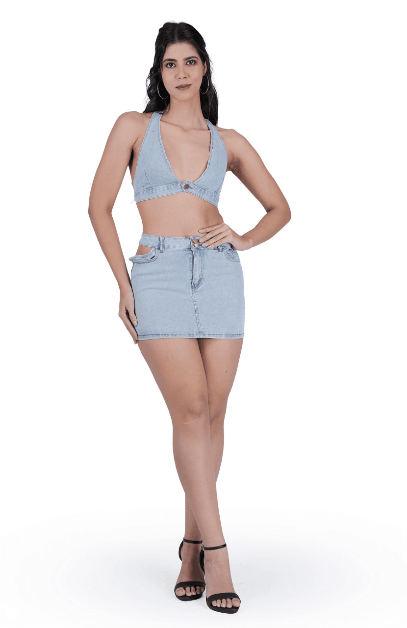 Women Washed Denim Casual Sexy Summer Stretch Plus Size Short Skirt Set - Image 1