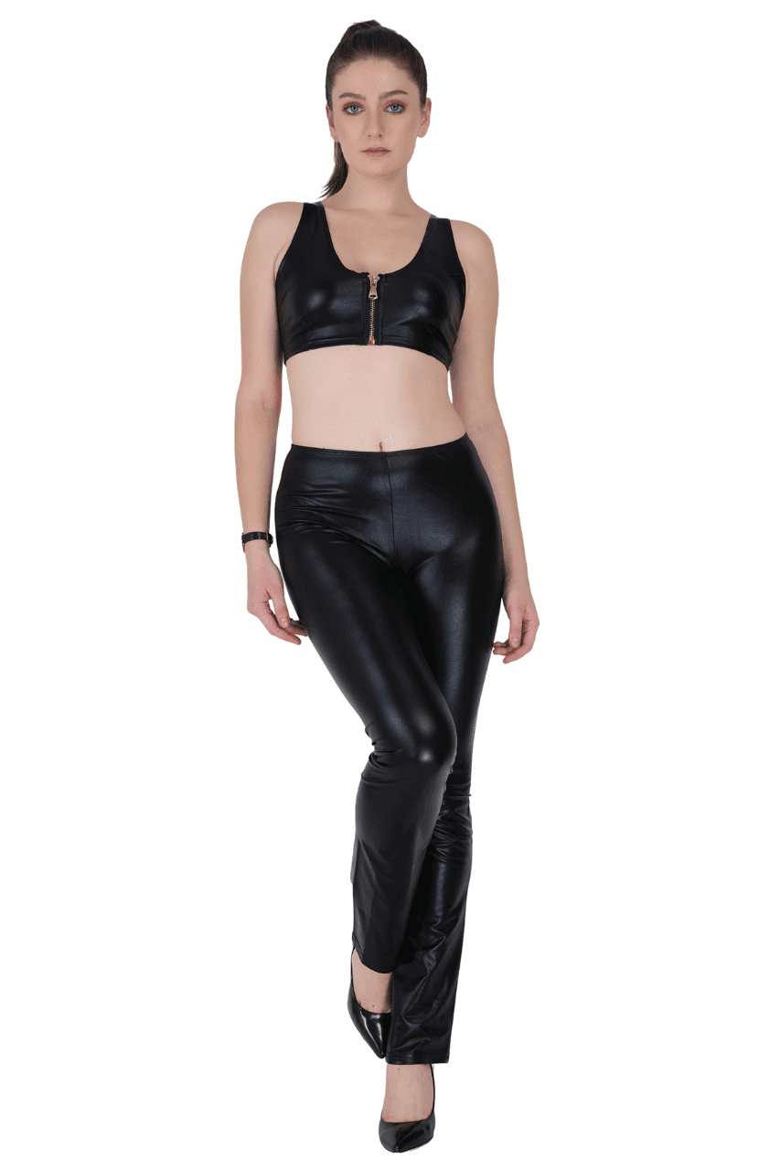 PU Leather Top Casual Pants Set with Zipper - Image 1